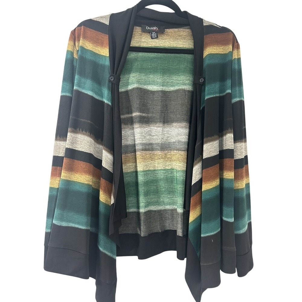 Dusak Designs Green Striped Open Front Cardigan Shawl Collar Made in Canada